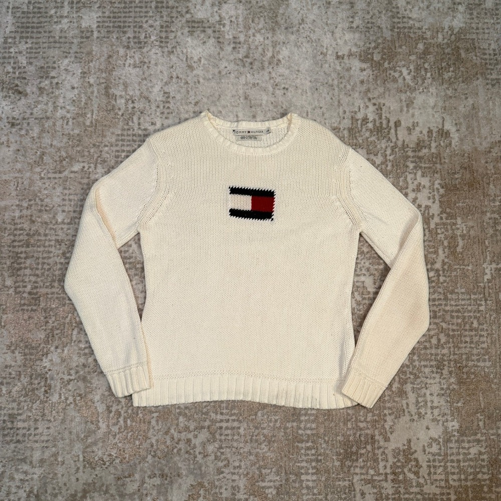 Vintage 90s Tommy Hilfiger Iconic Central Stitched Flag Knit Heavyweight Sweater